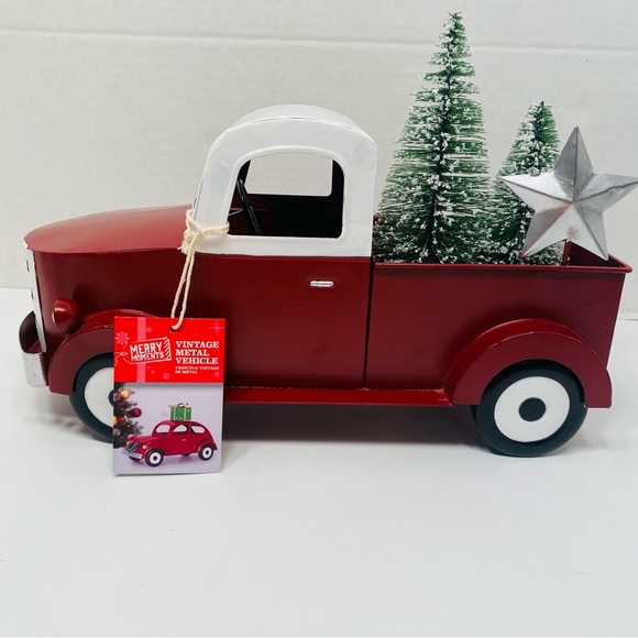 Red Metal Truck Snowy Trees Decoration Centerpiece Farmhouse NEW, Vintage Look! - Picture 9 of 12